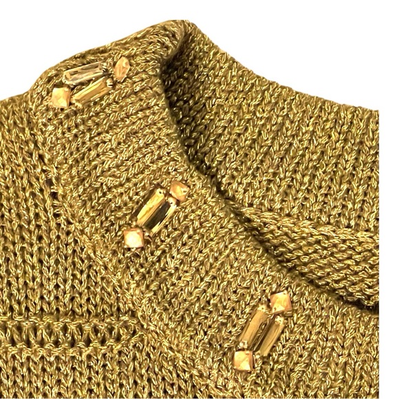 Gold Metallic Jewel Faceted Stone Neckline Sweater - Picture 11 of 14